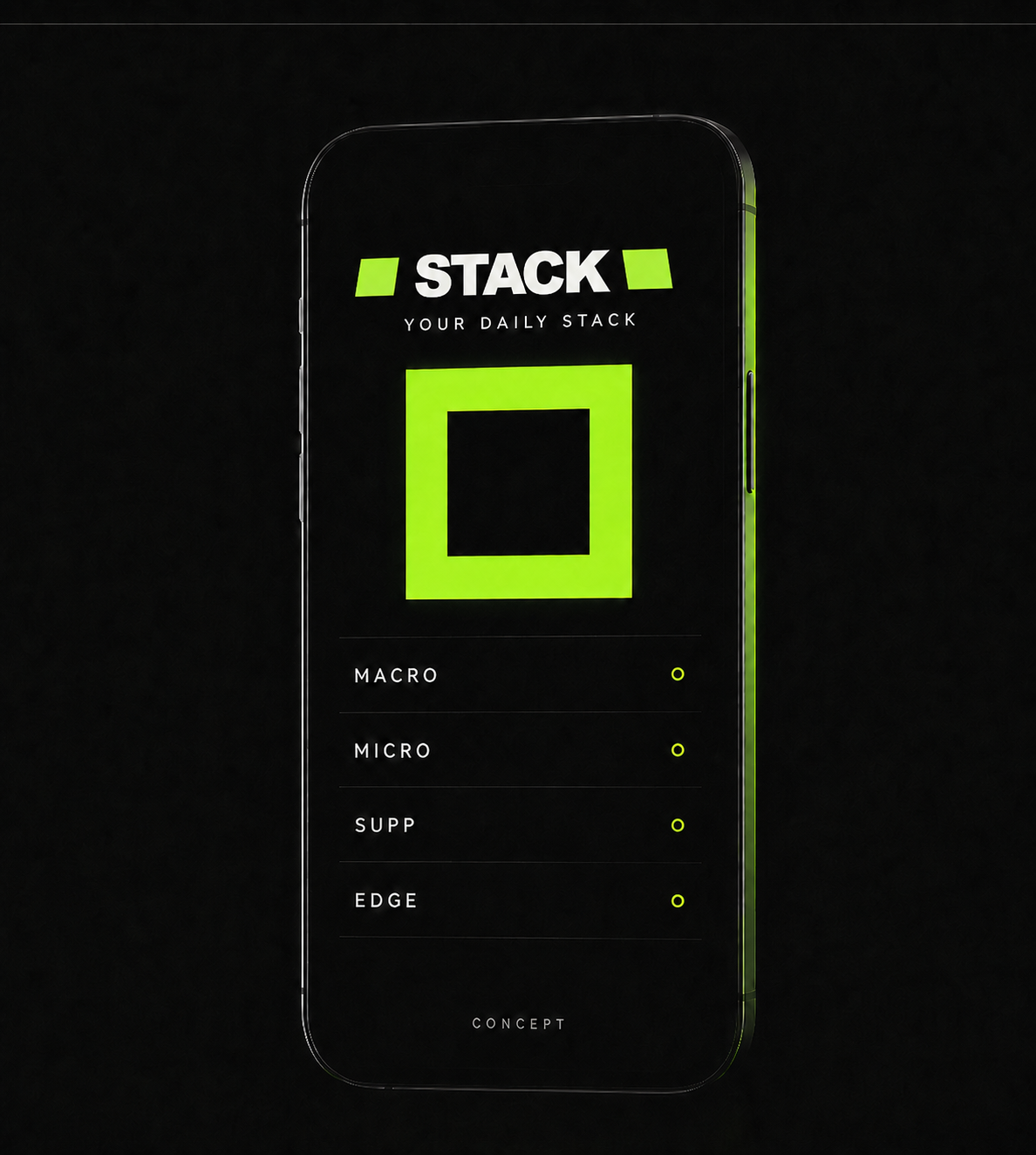Black phone displaying the STACK square mark and four app categories: Macro, Micro, Supp, and Edge