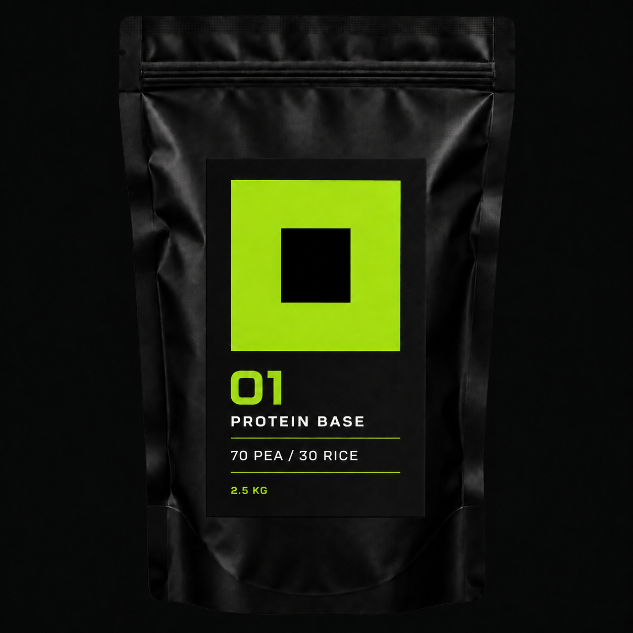 Front of the black 2.5 kg STACK Protein Base 01 pouch